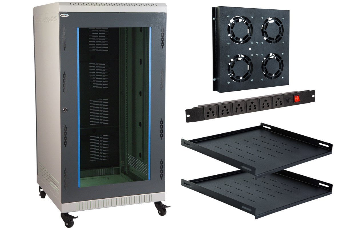 MASS RACK 22U 600X600mm NETWORK RACK with PDU 6 Socket, SERVER TRAY(2 Nos) & 4 FAN - COMBO PACK